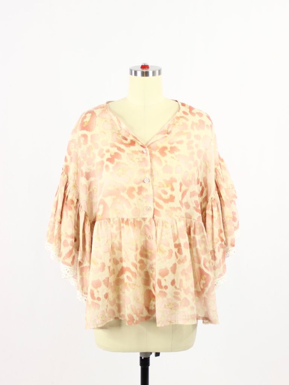 BETTY & CO Beige Pink Leopard Print Cotton Voile Ruffle Sleeve Blouse, One Size